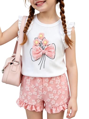 Image of Ayzozuy Kid Girl Clothes Shorts Set 2 Piece Outfits Summer Casual Short Sleeve Top and Shorts Set for Girls 4-7
