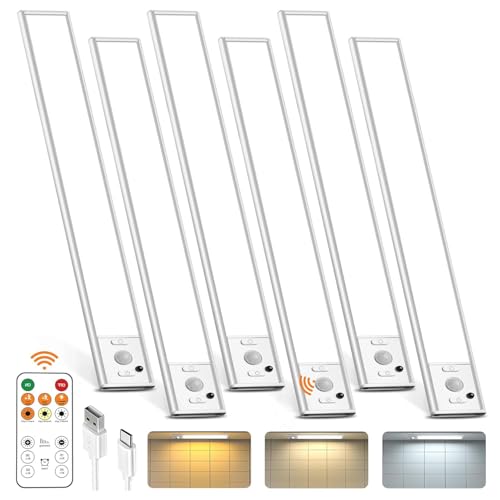 Image of 6 Pack Under Cabinet Lighting with Remote, 12inch Rechargeable Motion Sensor Light Indoor, LED Closet Light Wireless Dimmable & 3 Color Temps, Magnetic Under Counter Lights for Kitchen, Stairs
