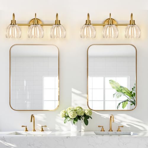 Image of 3-Light Bathroom Light Fixtures, 20 inch Brushed Gold Vanity Lights for Bathroom with Ribbed Clear Tulip Glass Shade, Vintage Wall Vanity Lighting Fixtures Over Mirror for Bathroom Living Room Hallway