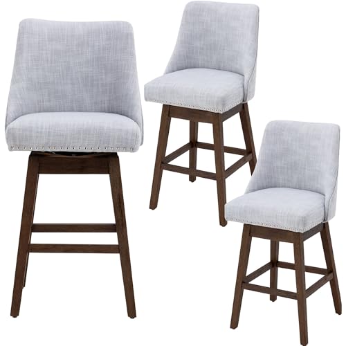 27.5" Counter Height Bar Stools Set of 3 for Kitchen Island Linen Stool with Back 360°Swivel Barstools w/Wood Legs for Home Pub/Breakfast Bar/Restaurant/Patio, Cream