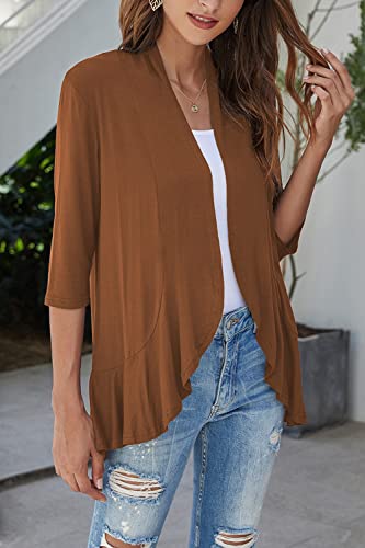 Bluetime Women Causal Blazer 3/4 Sleeve Draped Ruffles Soft Knit Sweaters Open Front Cardigan Fall (S, Brown) #TOP1