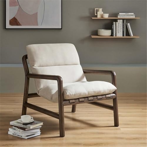 Sillón moderno tapizado beige con estructura de madera miniatura 2