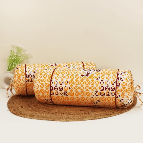 Image of AURAVE Cotton 144 TC Printed Bolster Cover with Drawstring Closure, Set of 2, Soft Breathable Durable Machine Washable for Sofa Bed & Home Decor, 15 inchx30 inch, Mustard | Cover Only