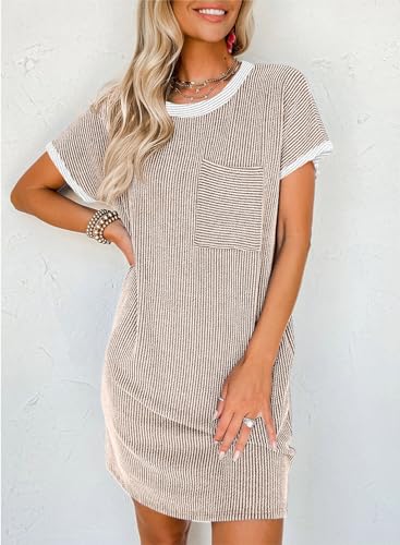 Image of Acelitt Womens Casual Summer Crewneck Short Sleeve Ribbed Mini Tshirt Dress, XS-3XL