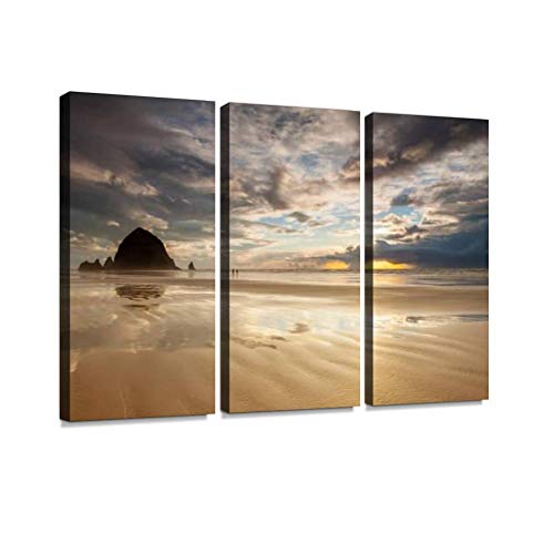 HABEN ARTWORK Cannon Beach Reflections Oregon's Iconic Haystack Rock at Cannon Beach Print On Canvas Wall Artwork Modern Photography Home Decor Unique Pattern Stretched and Framed 3 Piece