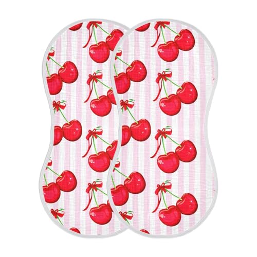 Striped Cherry Bow Sweet Baby Burp Cloths Baby Bibs Burp Clothes Cotton Burping Cloths for Babies Burp Cloth Curved Absorbent Washcloths for Baby Boy Girl Wipes 22x11IN,2 Pack