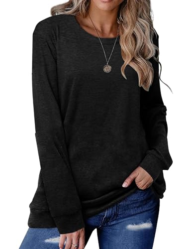 Halife Women's Long Sleeve Color Block Tops Crewneck Sweatshirts Pullover Tunic Shirts Blouses, A Solid Black, XL