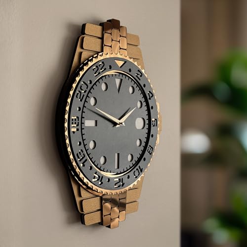 goodtime Luxury Rolex Style Gold Wooden Wall Clock | Large 15 3D Unique Home Decor | Ultra-Quiet Non-Ticking Mechanism for Man Cave & Housewarming Gift