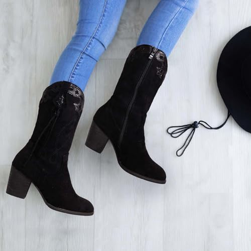 Image of SHIBEVER Cowgirl Boots for Women: Western Mid Calf Suede Boot for Dancing