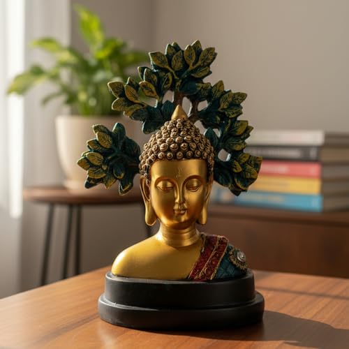 Image of eCraftIndia Buddha Statue with Bodhi Tree | Meditation Buddha Idol for Home Decor Pooja Room Office Gift (Multicolor)