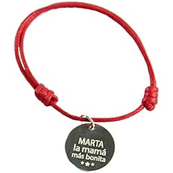 Pulseras Con Medalla Para Grabar Regalo personalizado para madres: pulsera roja con medalla de plata redonda 'La mamá más bonita' grabado con el nombre o texto que tú quieras