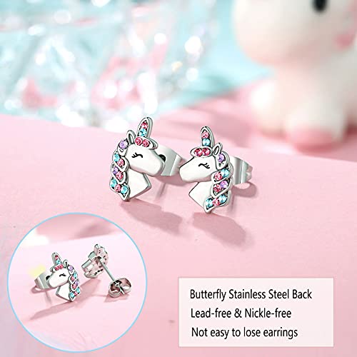 UNGENT THEM Silver Unicorn Stud Earrings for Little Girls Hypoallergenic CZ Lovely Gifts Daughter Birthday Party3