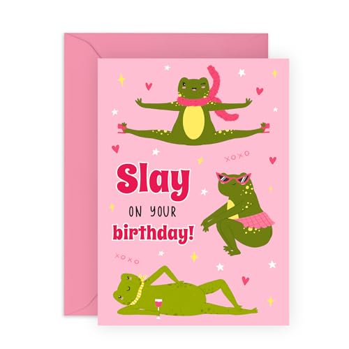 Cheering Frog Birthday Card - Slay on Your Birthday! - Cute and Sassy Greeting Card for Friends, Sister, Besties, BFF, Girlfriend, Colleagues, Coworker, Her - Comes with Fun Stickers