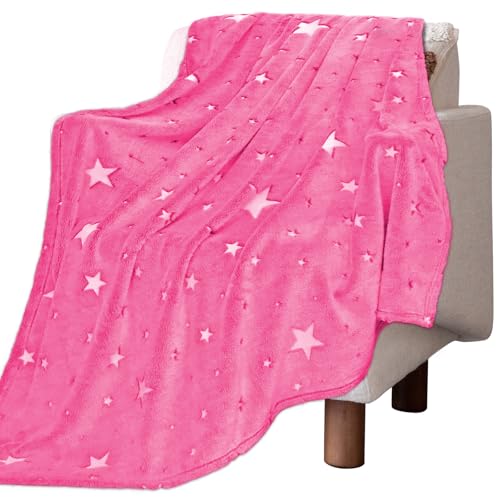 REXEO Glow in the Dark Blanket for Girls, Pink Star Throw Toddler Blankets for Girls, Cute Kids...