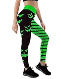 Halloween Soft High Waist Tummy Control Stretch Pumpkin Head Stripes Print Legging Slim Yoga Nude Feeling Long Pants for Sportwear Fitness Running (CT0819,Green,XL)