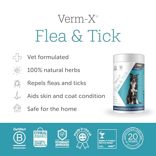 Verm-X Floh- & Zeckenpulver für Hunde, wirksames natürliches Abwehrmittel, 100% natürliche Inhaltsstoffe, umweltfreundlich