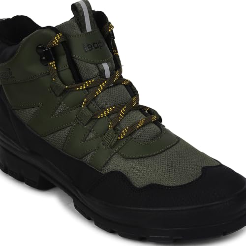 Image of Liberty Leap7x DRAWNER-1E Sports Casual Lacing Trekking Shoes for Men - Olive Green & Black | Comfortable and Durable | Suitable for Walking, Running, Outdoor and Hiking Boots Footwear | Cushioned Footbed