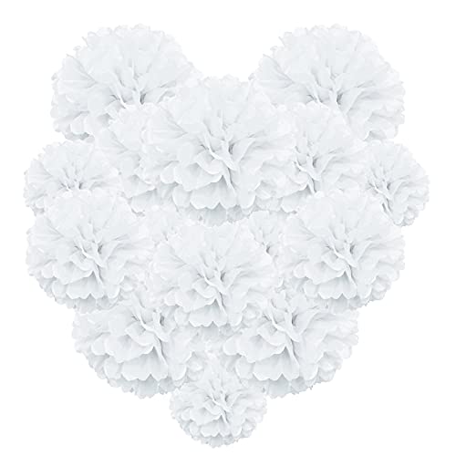Lot de 15 Pompon Papier de Soie Blanc Pompom Fleur Decoration PomPons en Papier de Soie à Suspendre pour Fête, Mariage, Anniversaire, Noël, Festival, Décoration de Chambre - Blanc