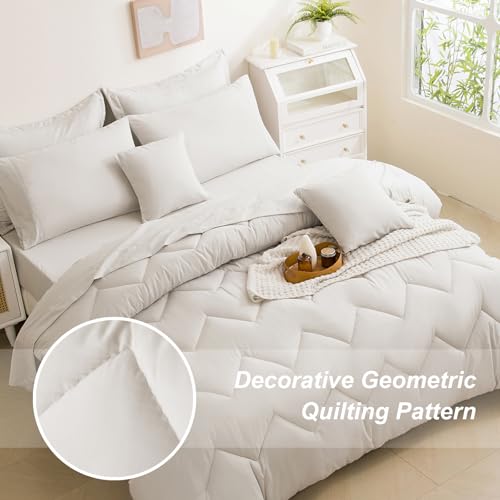Image of Full Comforter Set Beige Bed in a Bag 9-Pieces,Water Wave Quilting Design Comforter Set with Comforter,Flat Sheet, Fitted Sheet,Cushion Covers,Pillowcases & Shams(Beige, Full)