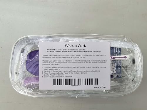 Wasser Vela Essential Orthodontic Home/Travel Care Kit - Orthodontic V-Trim Toothbrush,XL Size Interdental Brush, 15-Yards Dental Floss, 10-PK Floss Threader, Mint Dental Wax and Carry Pouch (Purple)