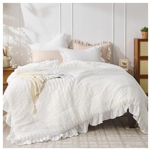 JOLLYVOGUE Queen Comforter Set, White Seersucker 3 Pieces Comforters Queen Size, Lightweight & Fluffy Bedding Sets for All Season with 1 Ruffle Comforter and 2 Ruffle Pillowshams