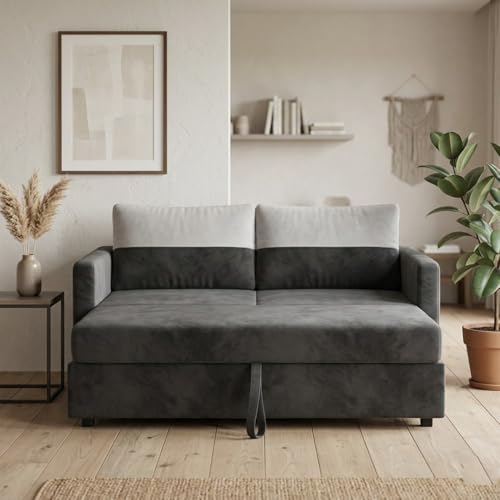 Image of SOCOZI Enrique 2 Seater Sofa Cum Bed | Soft Velvet Suede Fabric | Modern Convertible Design | Plush Comfort Seating for Living Room (Dark Gray)