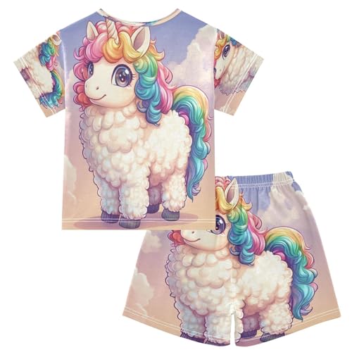 ALAZA Unicorn Cloud Llama Animal Pajamas Set Short Sleeve Cotton Sleepwear Summer Pjs 2 Piece 5-14Y2