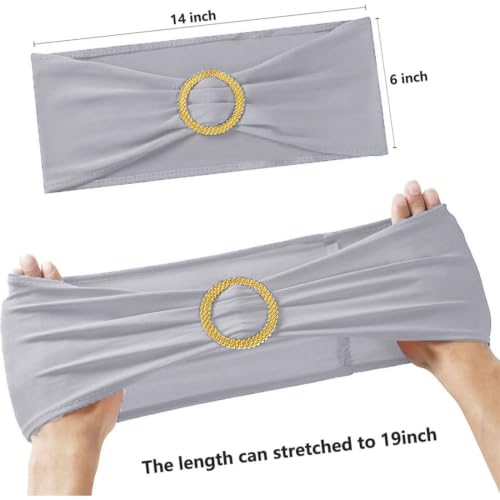 Image of 50 Pack Silver Chair Sashes with Gold Buckle Slider, Spandex Grey Chair Bands Bows for Folding Chairs Wedding Party Banquet Decor