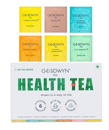 Image of Goodwyn Health Tea Box - 30 Tea Bags (6 Flavours x 5) | Turmeric, Tulsi, Kahwa, Chamomile, Peppermint & Digestive | Low to No Caffeine | Assorted Herbal Green Tea | Plastic-Free Bags