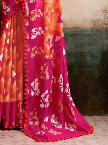 Image of AKHILAM Women's Cotton Printed Saree With Unstitched Blouse Piece