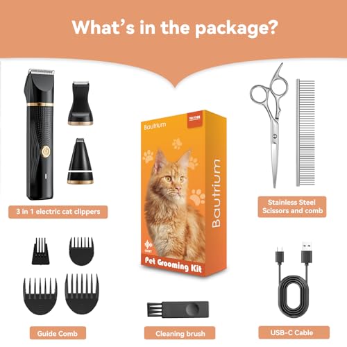 Image of Cat Grooming Clippers Kit with Paw Trimmer, 3 in 1 Electric Pet Hair Trimmer Supplies for Thick Matted Hair, Heavy Coat Butt Shaver Cat Razor Fur Trimmer for Dogs at Home (Black)