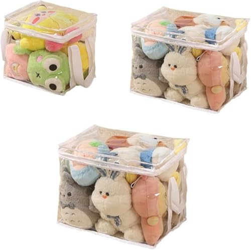 KOKUMON ぬいぐるみ収納袋 3個セット クリア 持ち手付き 収納ケース おもちゃ収納 大容量 防水 防塵 防湿 折りたたみ 収納ボックス 衣類収納 雑貨収納 子供部屋収納 多機能 収納ポケット ファスナー付き