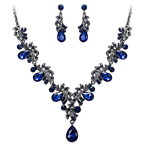 BriLove Wedding Bridal Necklace Earrings Jewelry Set for Women Crystal Teardrop Filigree Leaf Twig Enamel Statement Necklace Dangle Earrings Set Navy Blue Sapphire Color Black-Silver-Tone
