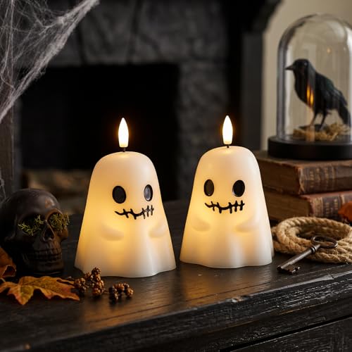 Image of GenSwin Ghost Halloween Flameless Candles Battery Operated LED with Timer | Real Wax, Halloween Decor, White, 2 Pack, 3.5 inch x 5.5 inch