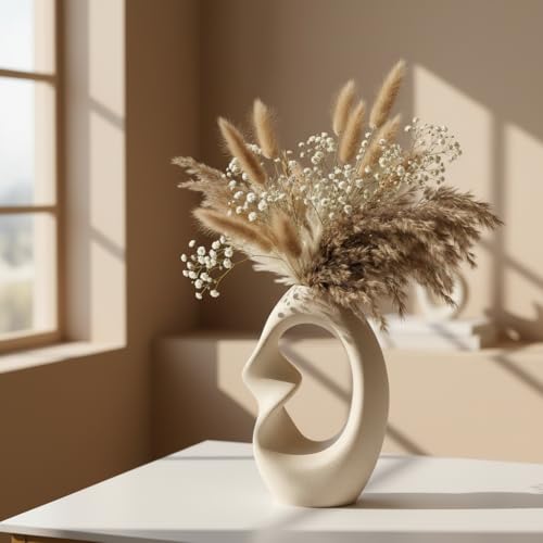 PUREZENTO Unique Twister White Ceramic Donut Vase 8.5 Inches - Pack of 1 | Decorative Donut Vase for Dried Flowers & Pampas Grass | Vases for Modern Home Decor, Living Room, Office Decor Ideas