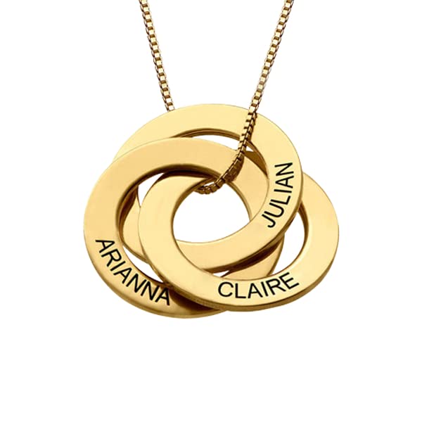 14K Gold Name Necklace for Women, 10K/14K/18K Gold Personalized Engraved 3 Russian Ring Circles Necklace Custom Any Name Pendant Box Chain Necklace for Mother's Day Ladies Daughter Her