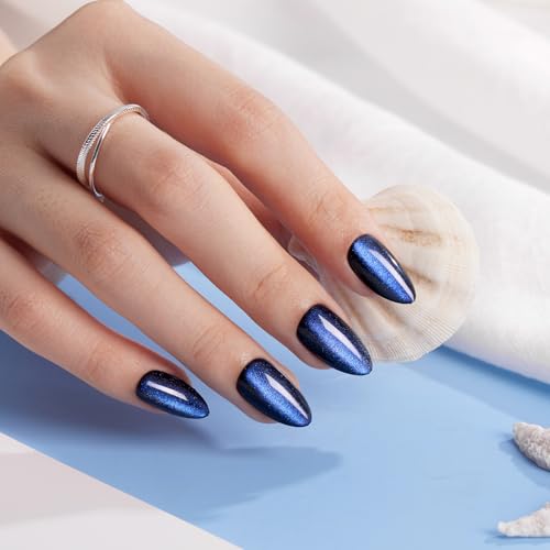 VSALON Blue Cat Eye Chrome Press On Nails