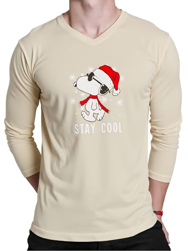 Long Sleeve Shirts for Men V Neck Christmas Shirt, Stay Cool Snoopy Graphic Tee with Santa Hat & Sunglasses, Festive Holiday Party Top(H6-Beige,M)