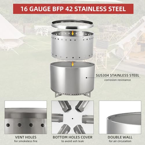 20 Inch Stainless Steel Smokeless Fire Pit, Outdoor Fire Pit, Outdoor Wood Burning Fire Pit, Removable Stand and Ash Pan, for Bonfire, Camping, Picnic, Family Gatherings for Garden