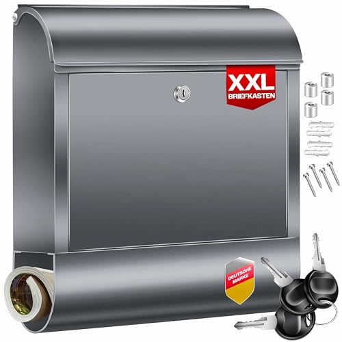 KESSER Boîte aux lettres XXL en acier inoxydable avec compartiment à journaux, brossé, 3 clés verrouillables, revêtement par pulvérisation, montage...