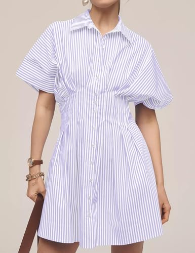 Image of Women Summer Short Sleeve Button Front Pleated Shirt Dress Striped Collar V Neck Casual Y2k Swing Short Mini Dress