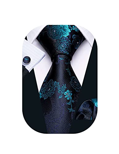 Image of Barry.Wang Flower Ties for Men Handkerchief Cufflinks Set Wedding Necktie Set Party