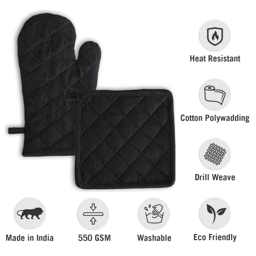Image of 2 Oven Mitts and 2 Pot Holders Set-Cotton Heat Resistant Pot Stand and Kitchen Gloves-Heat Proof-Free Size-Combo Set (Blue and Black)