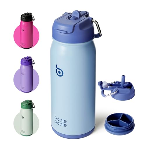 BOTTLE BOTTLE Stainless Steel Kids Water Bottle 16oz(470ml) Insulated Sports Water Bottle with Straw and Pills Holder for Gifts and School(Blue)