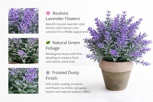Image of Garden Art Artificial Lavender Plant in Rustic Pot - Realistic Faux Lavender Flowers for Home Decor, Office Desk, Tabletop, Farmhouse & Modern Decoration (P-093Purple)