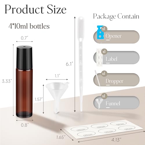 ZEJIA 10ml Roller Bottles for Essential Oils, 4 Pack Glass Roll on Bottles, Refillable Perfume Bottle, with Stainless Steel Roller Balls, 2 Droppers, 1 Opener, Labels (Amber)2