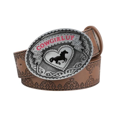 Western Cowboy Belts for Woman, Cowgirl Embossed Leather Belts for Jeans, Engraved-Buckle Boho Belt
