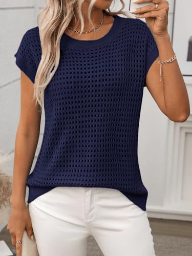 Image of Womens Crochet Cap Sleeve Sweater Summer Crew Neck Casual Hollow Out Knit Tops Pullover Trendy Beach Cover Ups Outfits