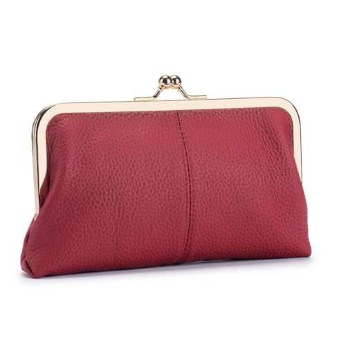 Small Wallets for Women Kiss Lock Purses Leather Wallets Ladies Vintage Coin Purse (Red)