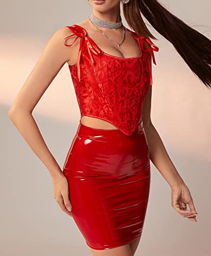 Image of Dreay Womens Vintage Asymmetrical Hem Overbust Corset Tie Front Lace-up Back Bustier Shapewear Top